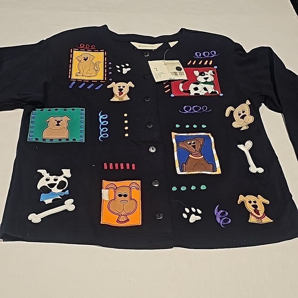 Bechamel black button front long sleeve jacket with features fun dogs size sm